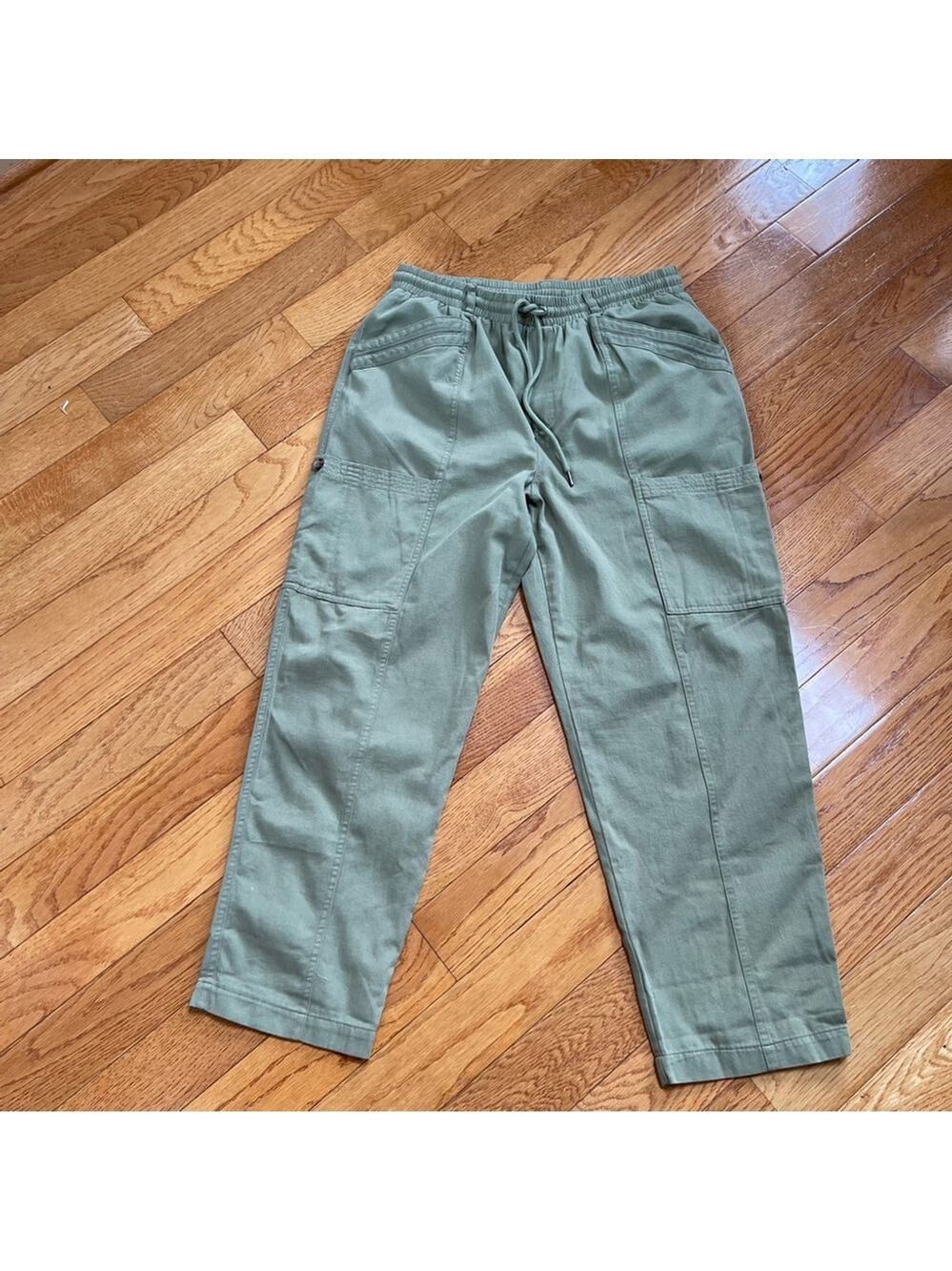 7 For All Mankind baggy cargo pants olive green khaki cotton drawstring Sz M - Picture 2 of 10